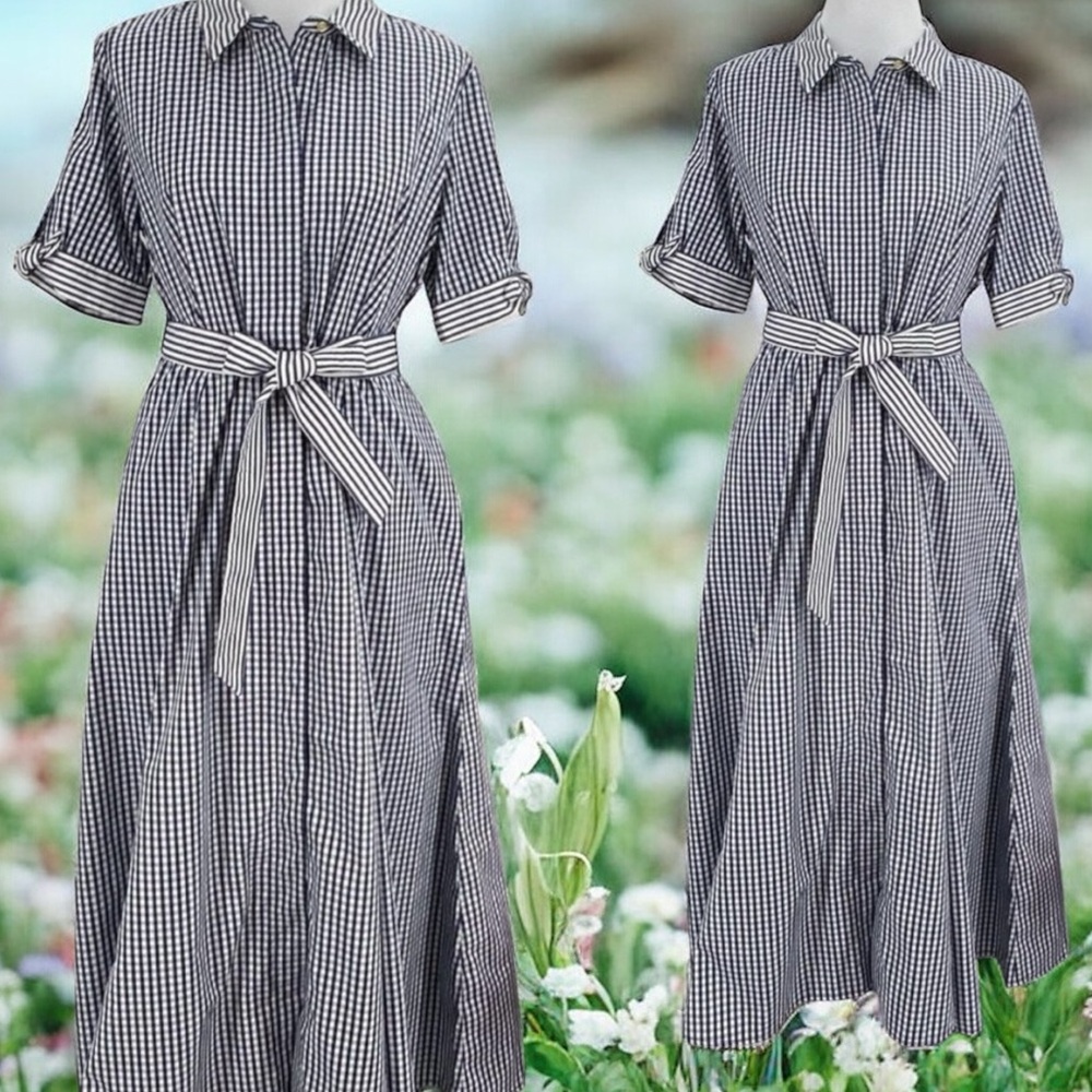 CALVIN KLEIN BLUE & WHITE GINGHAM FIT & FLARE MAXI DRESS SIZE 12 PETITE - Picture 12 of 16